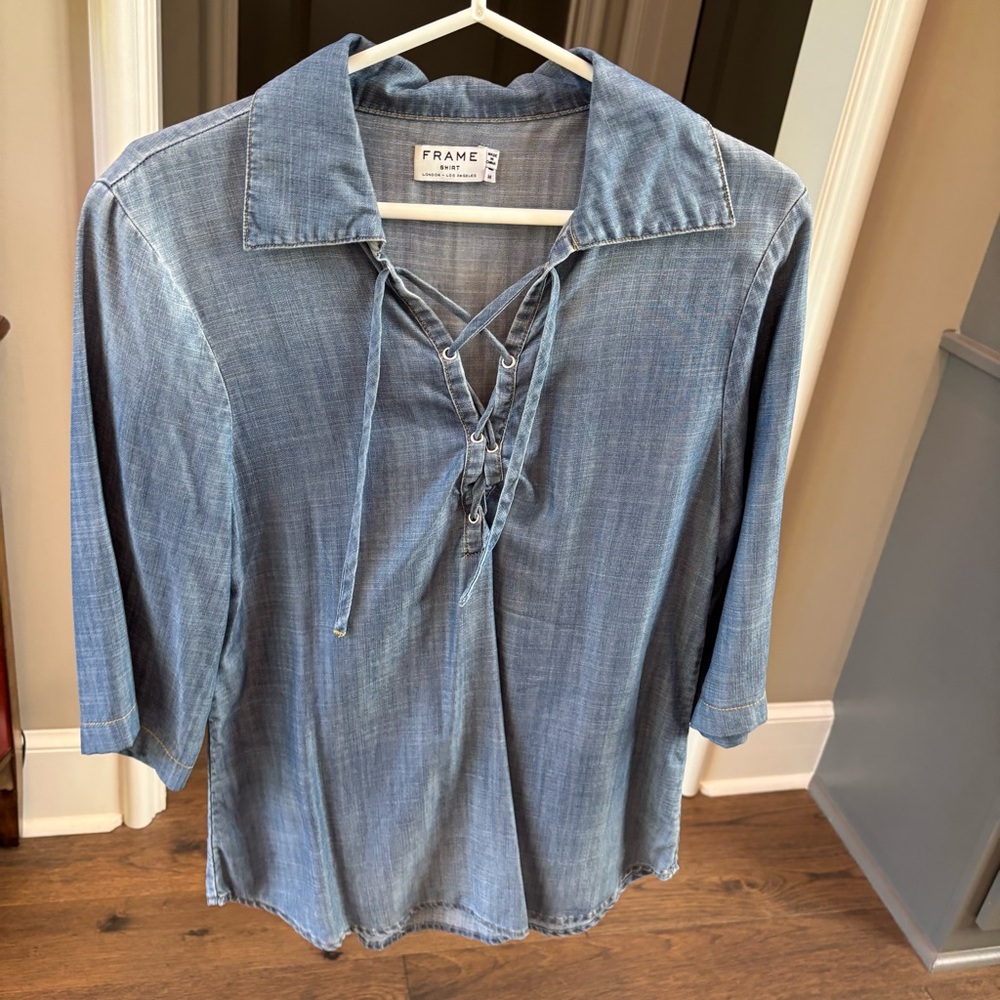 Frame Denim Blue Lace-Up Blouse Shirt